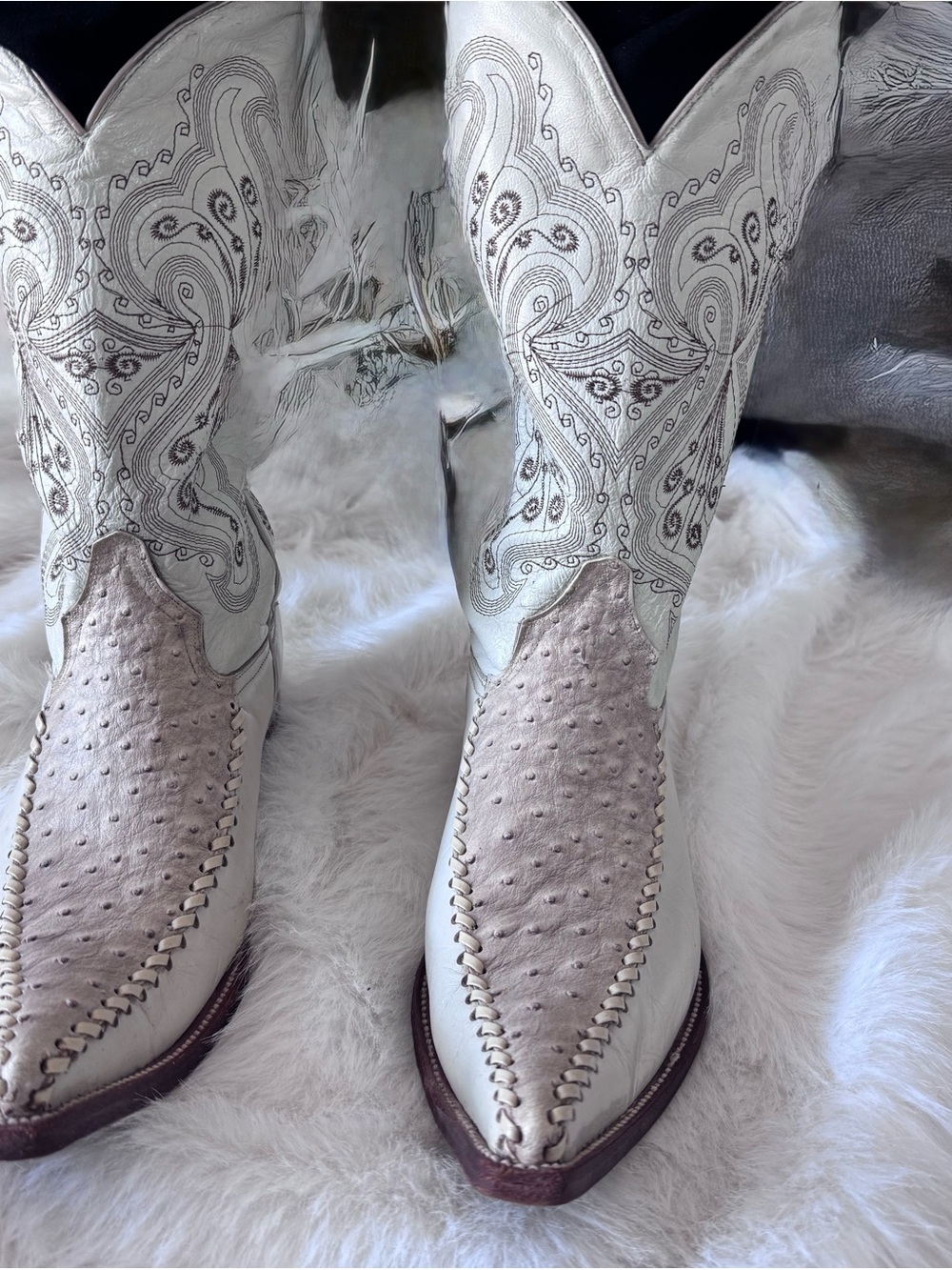 Men White Embossed Western Ostrich-Style Boots